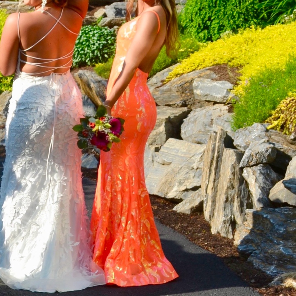 Jovani Neon Orange Sequin Mermaid Prom Dress - Picture 5 of 14